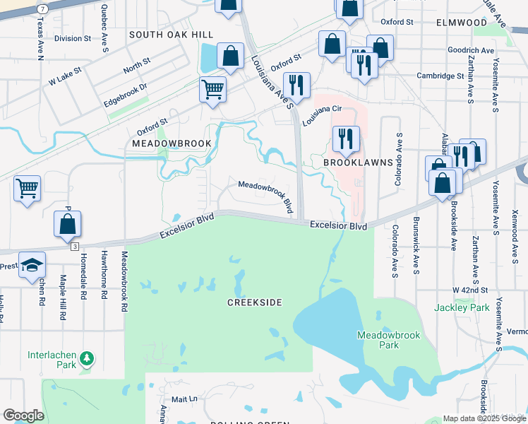 map of restaurants, bars, coffee shops, grocery stores, and more near 6922 Meadowbrook Boulevard in St. Louis Park