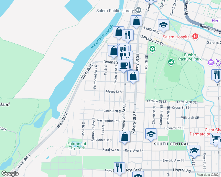 map of restaurants, bars, coffee shops, grocery stores, and more near 251 Myers Street South in Salem