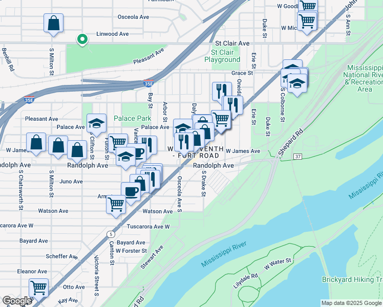 map of restaurants, bars, coffee shops, grocery stores, and more near 420 Daly Street in Saint Paul