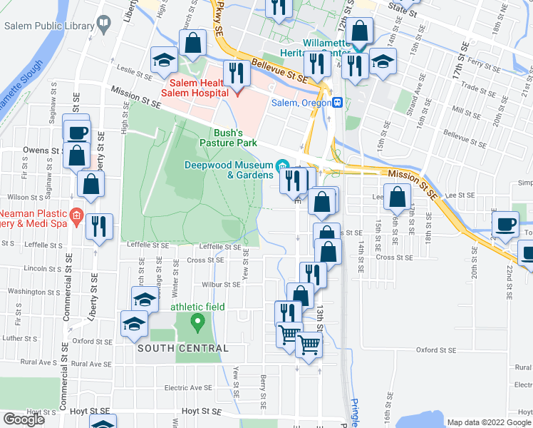 map of restaurants, bars, coffee shops, grocery stores, and more near 1095 Waller Street Southeast in Salem
