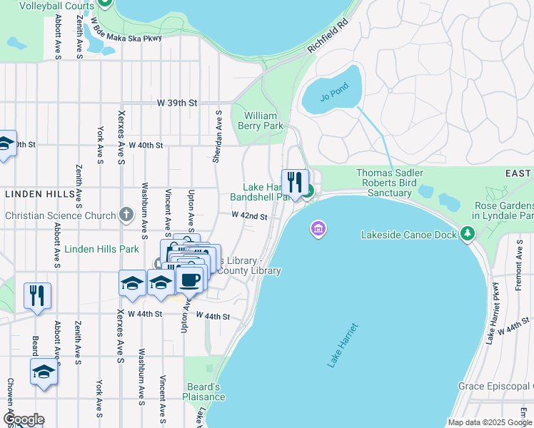 map of restaurants, bars, coffee shops, grocery stores, and more near 4120 Queen Avenue South in Minneapolis