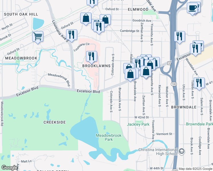 map of restaurants, bars, coffee shops, grocery stores, and more near 3999 Colorado Avenue South in Minneapolis