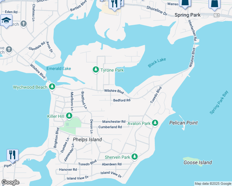 map of restaurants, bars, coffee shops, grocery stores, and more near 4697 Wilshire Boulevard in Mound