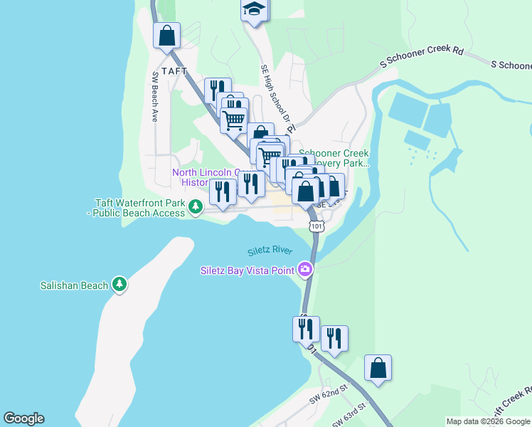 map of restaurants, bars, coffee shops, grocery stores, and more near 1116 Southwest 51st Street in Lincoln City