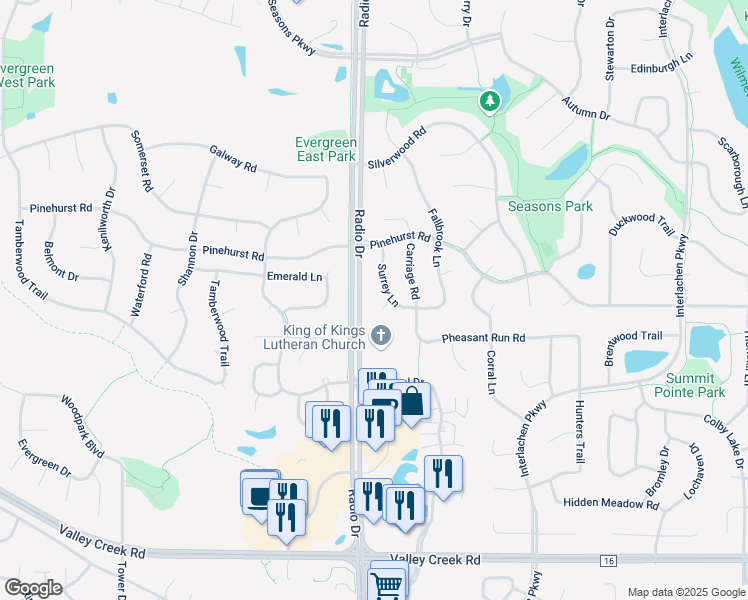 map of restaurants, bars, coffee shops, grocery stores, and more near 1412 Surrey Lane in Woodbury