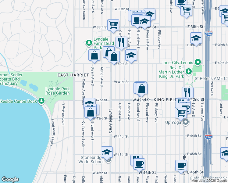 map of restaurants, bars, coffee shops, grocery stores, and more near 4117 Lyndale Avenue South in Minneapolis