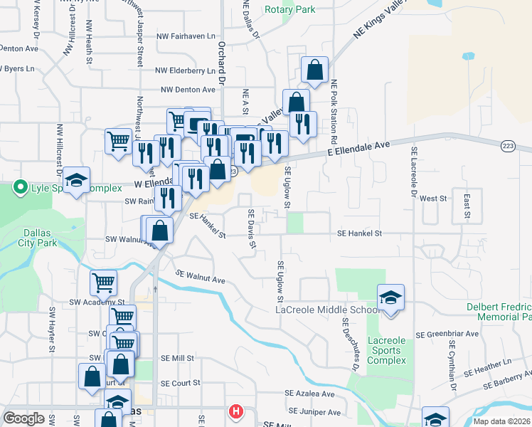 map of restaurants, bars, coffee shops, grocery stores, and more near 316 Southeast Davis Street in Dallas