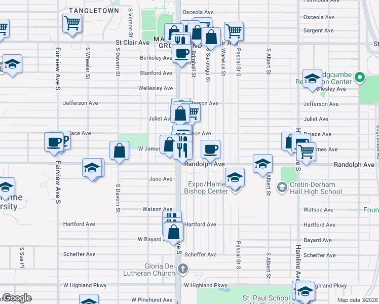 map of restaurants, bars, coffee shops, grocery stores, and more near 450 Snelling Avenue South in Saint Paul