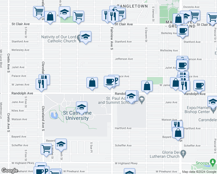 map of restaurants, bars, coffee shops, grocery stores, and more near 1816 West James Avenue in Saint Paul