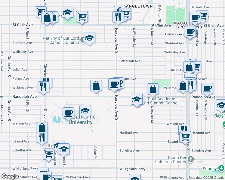 map of restaurants, bars, coffee shops, grocery stores, and more near 1849 West James Avenue in Saint Paul