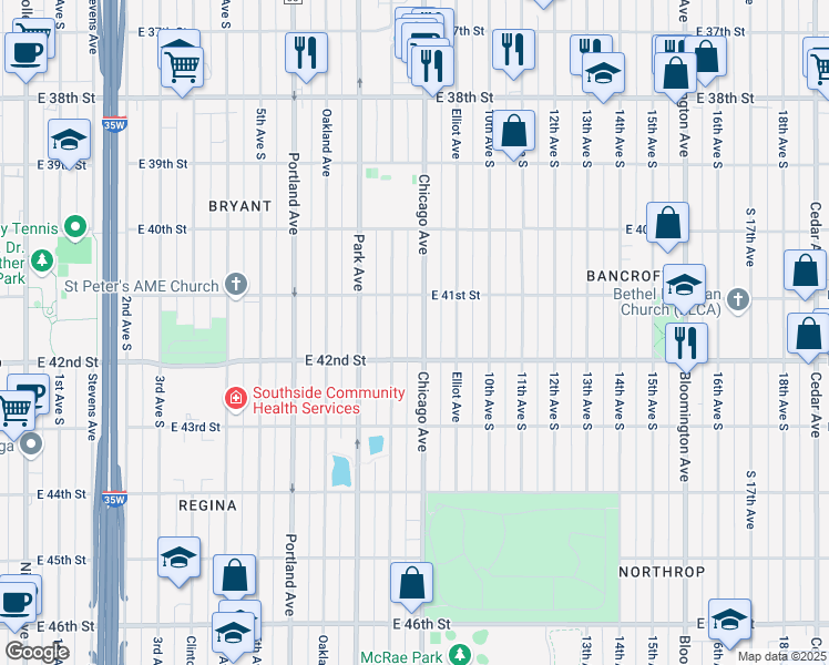 map of restaurants, bars, coffee shops, grocery stores, and more near 4129 Chicago Avenue in Minneapolis