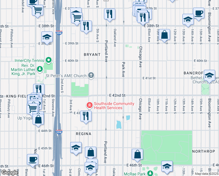 map of restaurants, bars, coffee shops, grocery stores, and more near 4125 Portland Avenue in Minneapolis