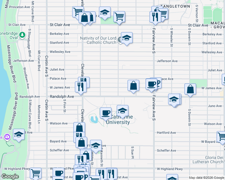 map of restaurants, bars, coffee shops, grocery stores, and more near 1949 West James Avenue in Saint Paul