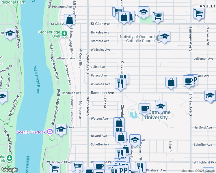 map of restaurants, bars, coffee shops, grocery stores, and more near 2103 West James Avenue in Saint Paul