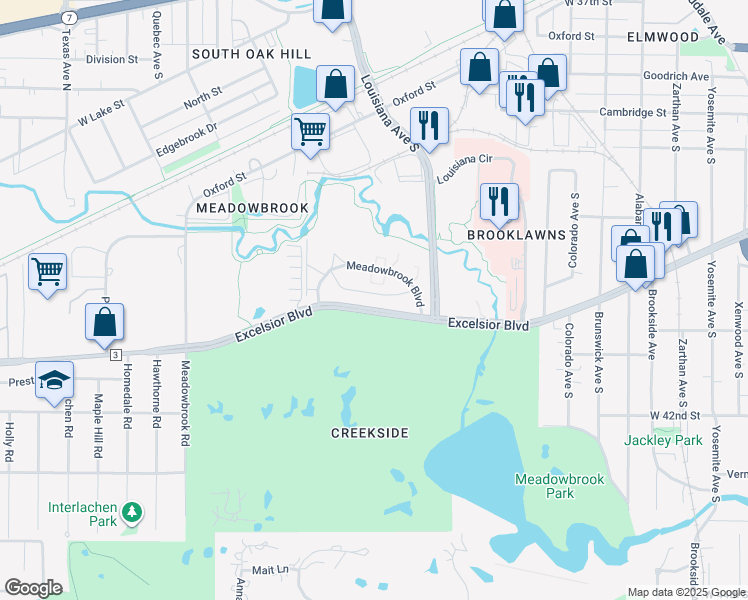 map of restaurants, bars, coffee shops, grocery stores, and more near 6880 Excelsior Boulevard in St. Louis Park