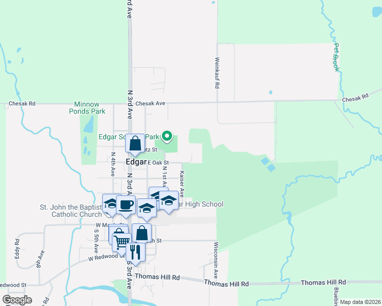 map of restaurants, bars, coffee shops, grocery stores, and more near 415 E Oak St in Edgar