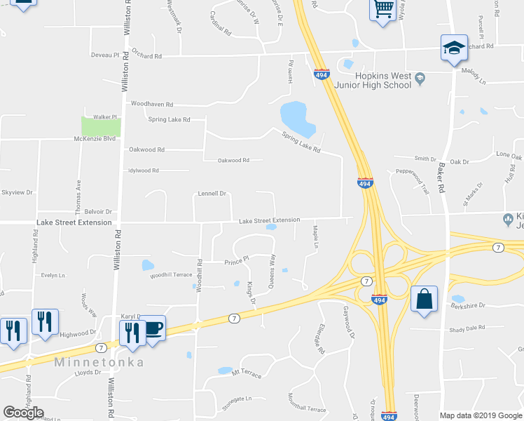 map of restaurants, bars, coffee shops, grocery stores, and more near 14100 Lake Street Extension in Minnetonka