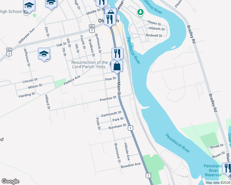 map of restaurants, bars, coffee shops, grocery stores, and more near 491 Main Street in Old Town