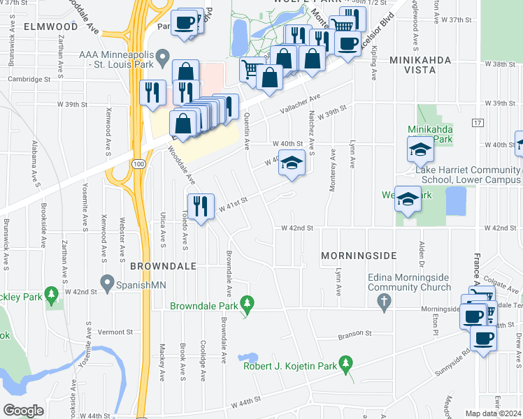 map of restaurants, bars, coffee shops, grocery stores, and more near 4112 Quentin Avenue in St. Louis Park