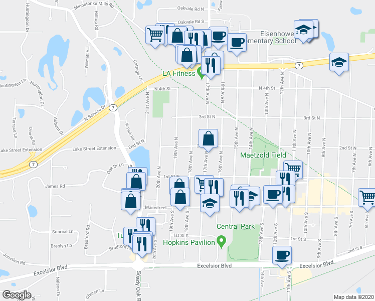 map of restaurants, bars, coffee shops, grocery stores, and more near 142 18th Avenue North in Hopkins