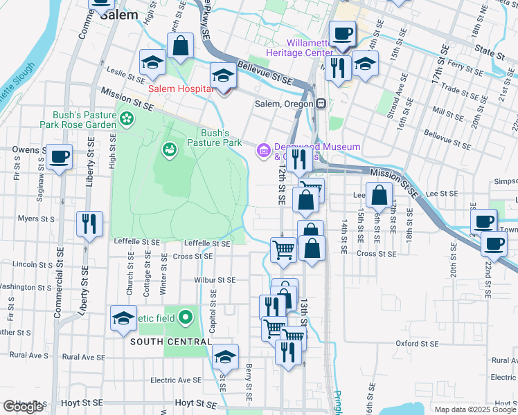 map of restaurants, bars, coffee shops, grocery stores, and more near 1116 Waller Street Southeast in Salem