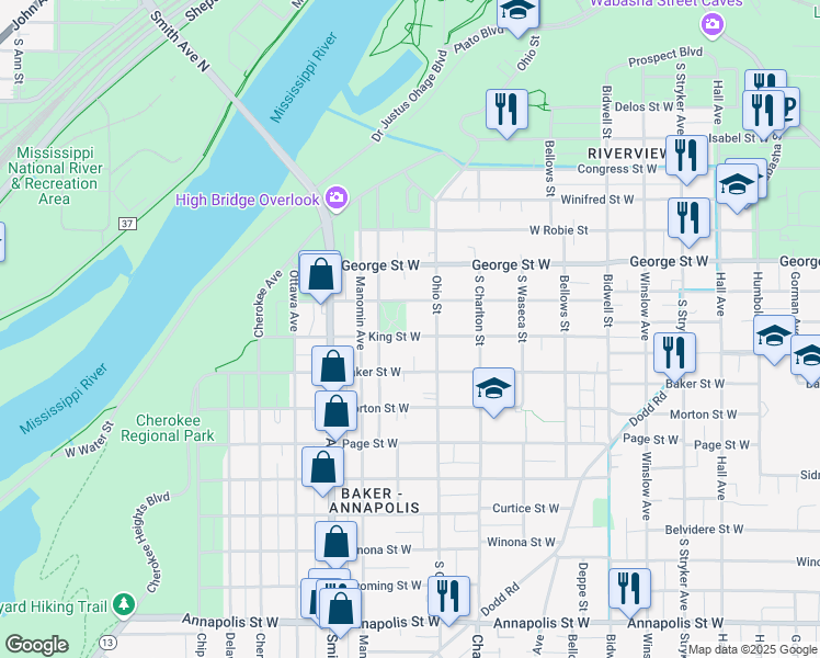 map of restaurants, bars, coffee shops, grocery stores, and more near 313 King Street West in Saint Paul