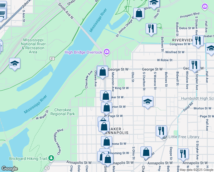 map of restaurants, bars, coffee shops, grocery stores, and more near 607 Smith Avenue South in Saint Paul