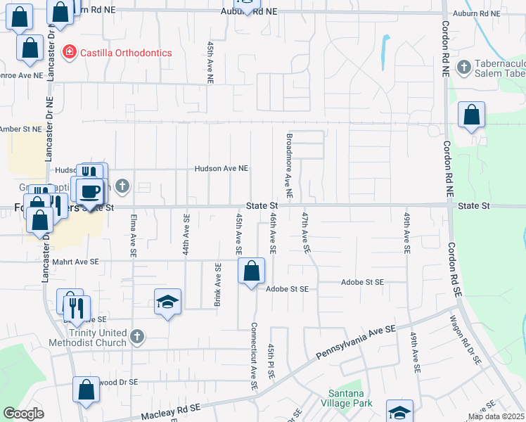 map of restaurants, bars, coffee shops, grocery stores, and more near 107 46th Avenue Southeast in Salem