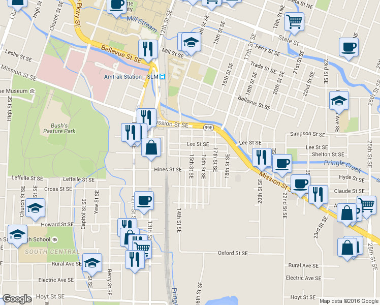 map of restaurants, bars, coffee shops, grocery stores, and more near 940 15th Street Southeast in Salem