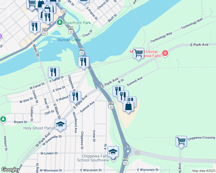 map of restaurants, bars, coffee shops, grocery stores, and more near 525 East Park Avenue in Chippewa Falls