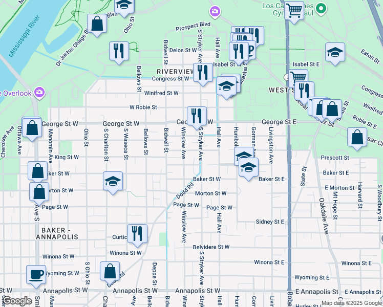 map of restaurants, bars, coffee shops, grocery stores, and more near 593 Stryker Avenue in Saint Paul