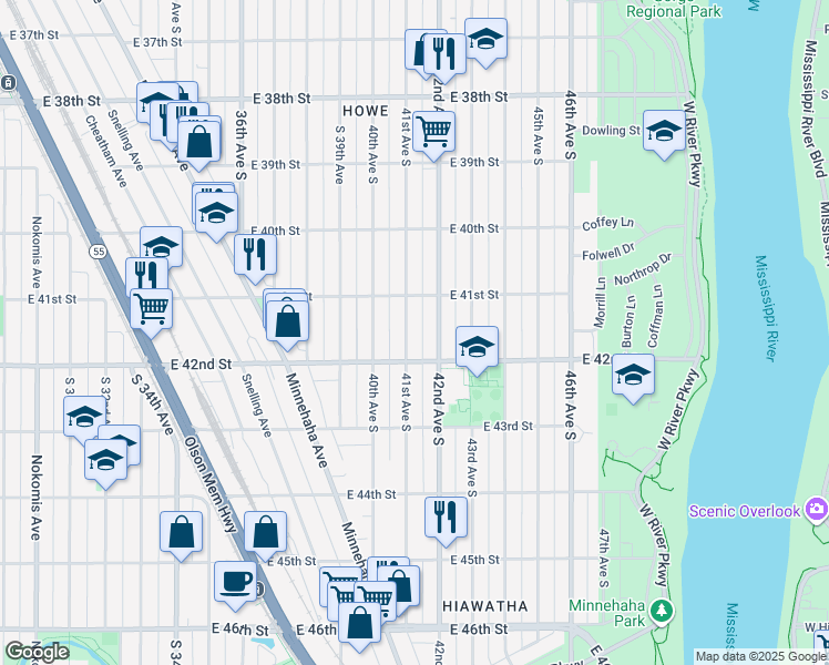 map of restaurants, bars, coffee shops, grocery stores, and more near 4126 42nd Avenue South in Minneapolis