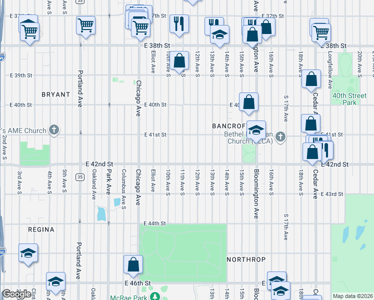 map of restaurants, bars, coffee shops, grocery stores, and more near 4120 12th Avenue South in Minneapolis
