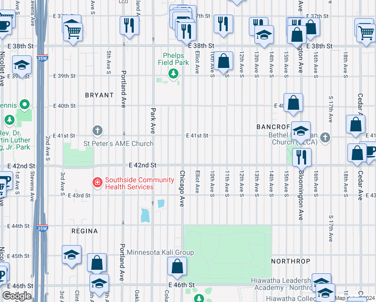 map of restaurants, bars, coffee shops, grocery stores, and more near 4129 Chicago Avenue in Minneapolis