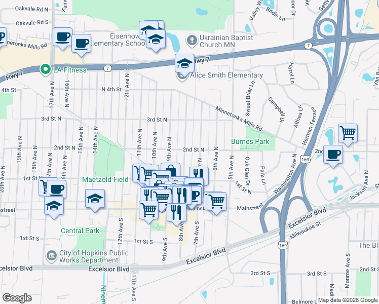 map of restaurants, bars, coffee shops, grocery stores, and more near 201 8th Avenue North in Hopkins