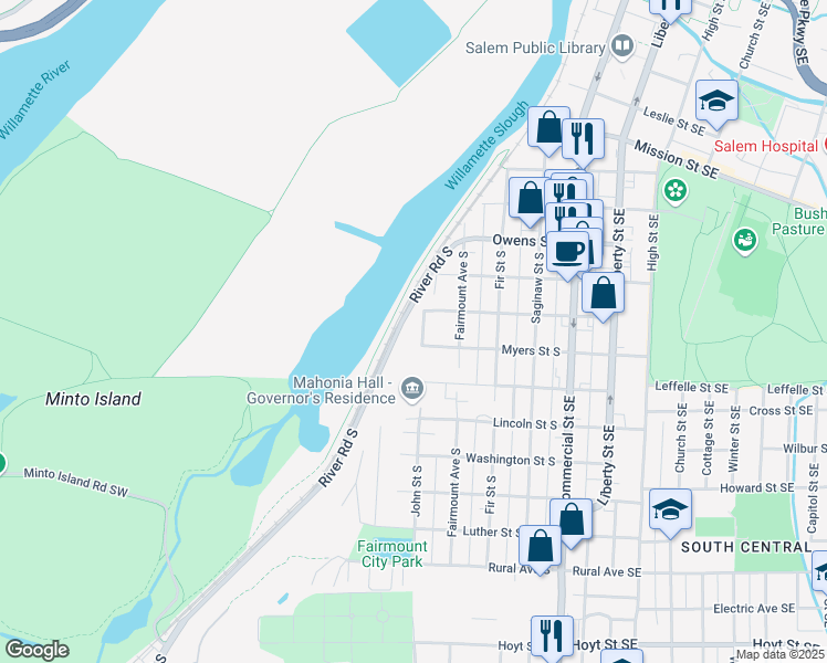 map of restaurants, bars, coffee shops, grocery stores, and more near 1365 John Street South in Salem