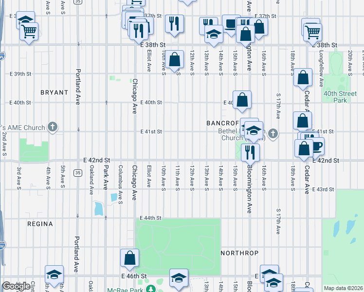map of restaurants, bars, coffee shops, grocery stores, and more near 4120 12th Avenue South in Minneapolis