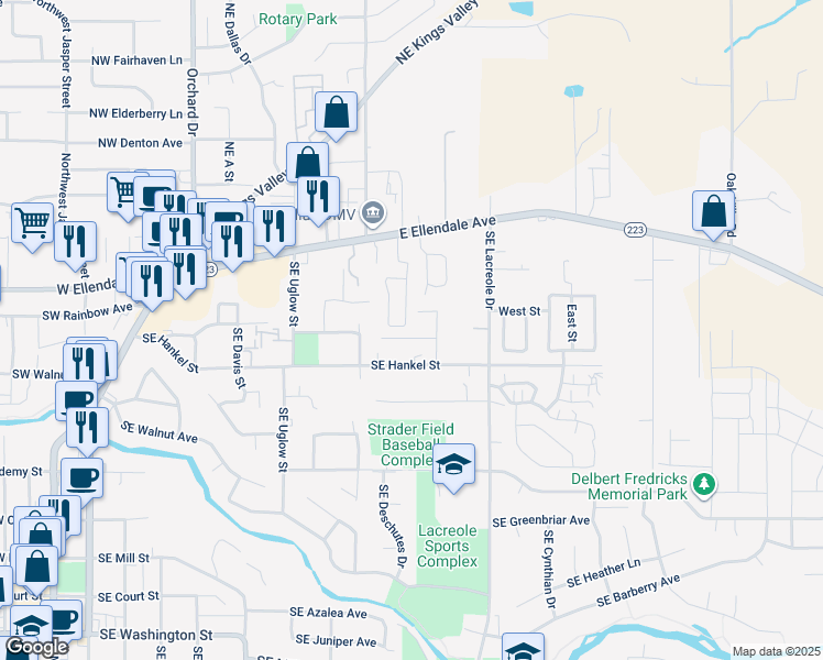 map of restaurants, bars, coffee shops, grocery stores, and more near 608 Southeast Pine Street in Dallas
