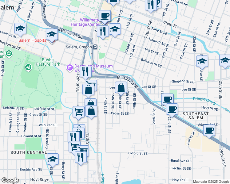 map of restaurants, bars, coffee shops, grocery stores, and more near 980 15th Street Southeast in Salem