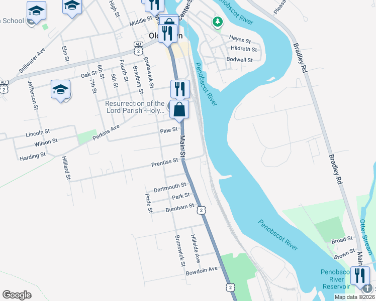 map of restaurants, bars, coffee shops, grocery stores, and more near 491 Main Street in Old Town