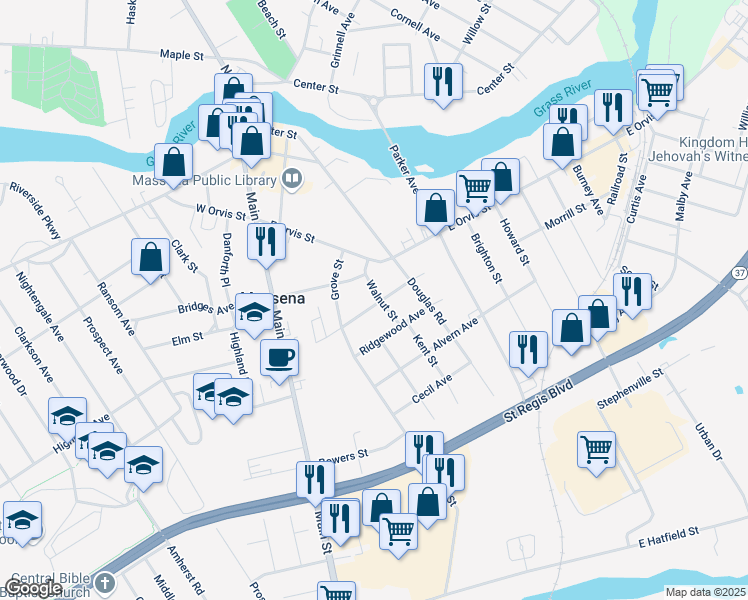 map of restaurants, bars, coffee shops, grocery stores, and more near 26 Walnut Street in Massena