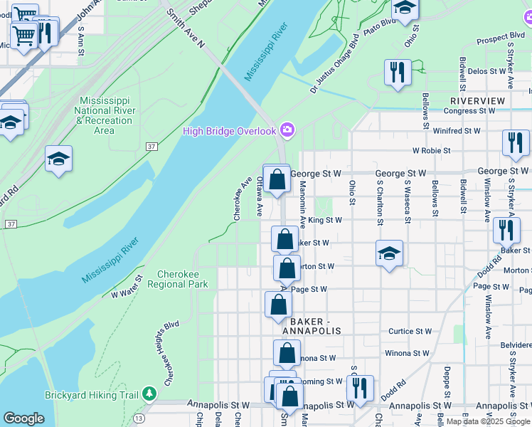 map of restaurants, bars, coffee shops, grocery stores, and more near 595 Ottawa Avenue in Saint Paul