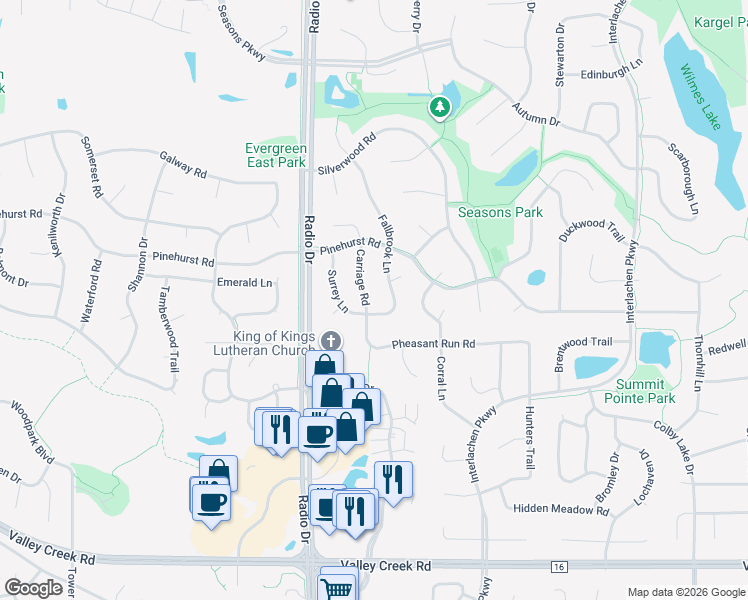 map of restaurants, bars, coffee shops, grocery stores, and more near 1435 Carriage Road in Woodbury