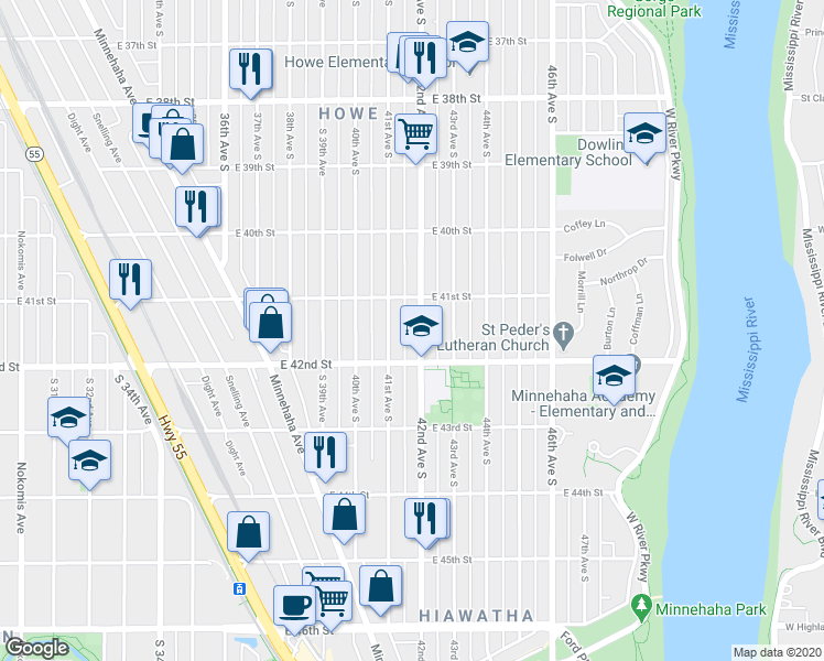 map of restaurants, bars, coffee shops, grocery stores, and more near 4126 42nd Avenue South in Minneapolis