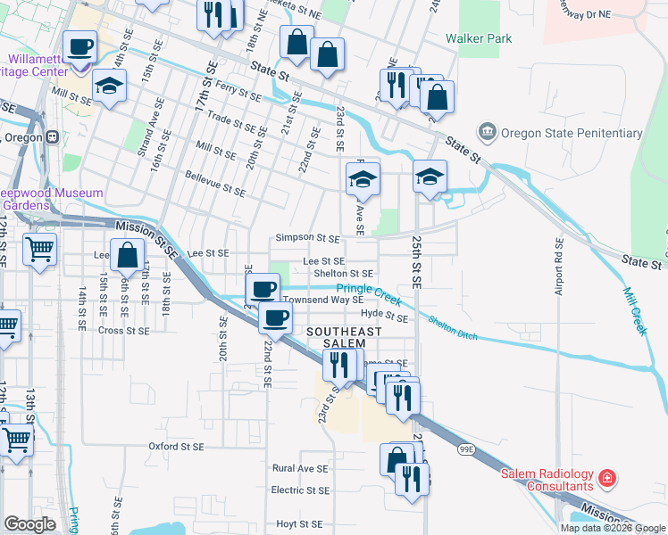 map of restaurants, bars, coffee shops, grocery stores, and more near 2276 Lee Street Southeast in Salem