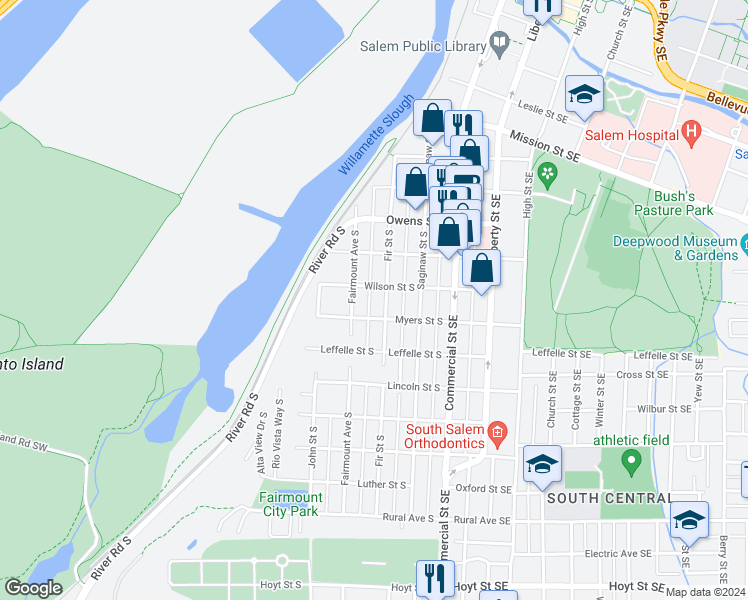 map of restaurants, bars, coffee shops, grocery stores, and more near 362 Wilson Street Southeast in Salem