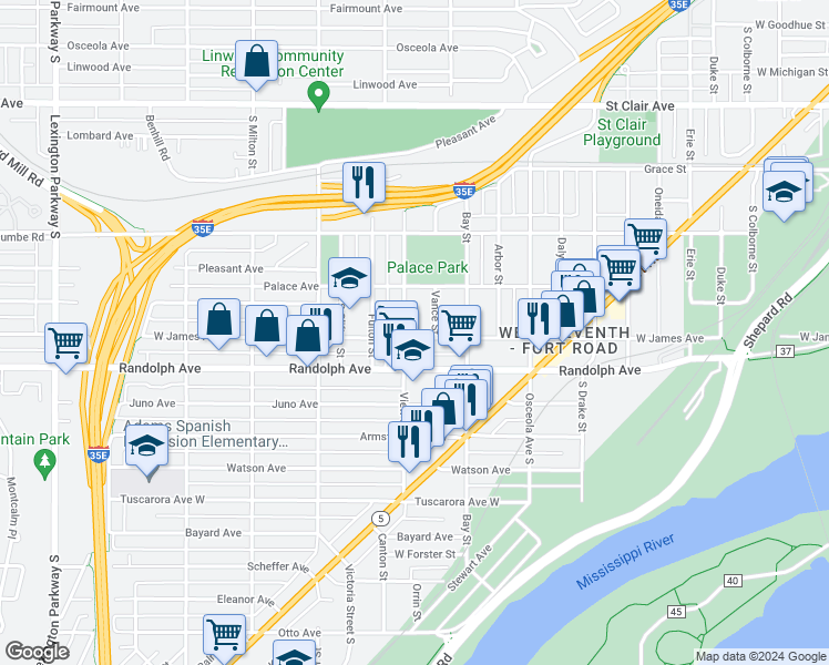 map of restaurants, bars, coffee shops, grocery stores, and more near 761 West James Avenue in Saint Paul