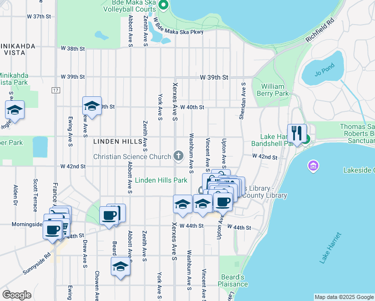 map of restaurants, bars, coffee shops, grocery stores, and more near 4116 Washburn Avenue South in Minneapolis