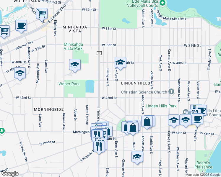 map of restaurants, bars, coffee shops, grocery stores, and more near 4116 Drew Avenue South in Minneapolis