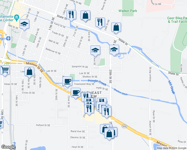 map of restaurants, bars, coffee shops, grocery stores, and more near 2340 Lee Street in Salem
